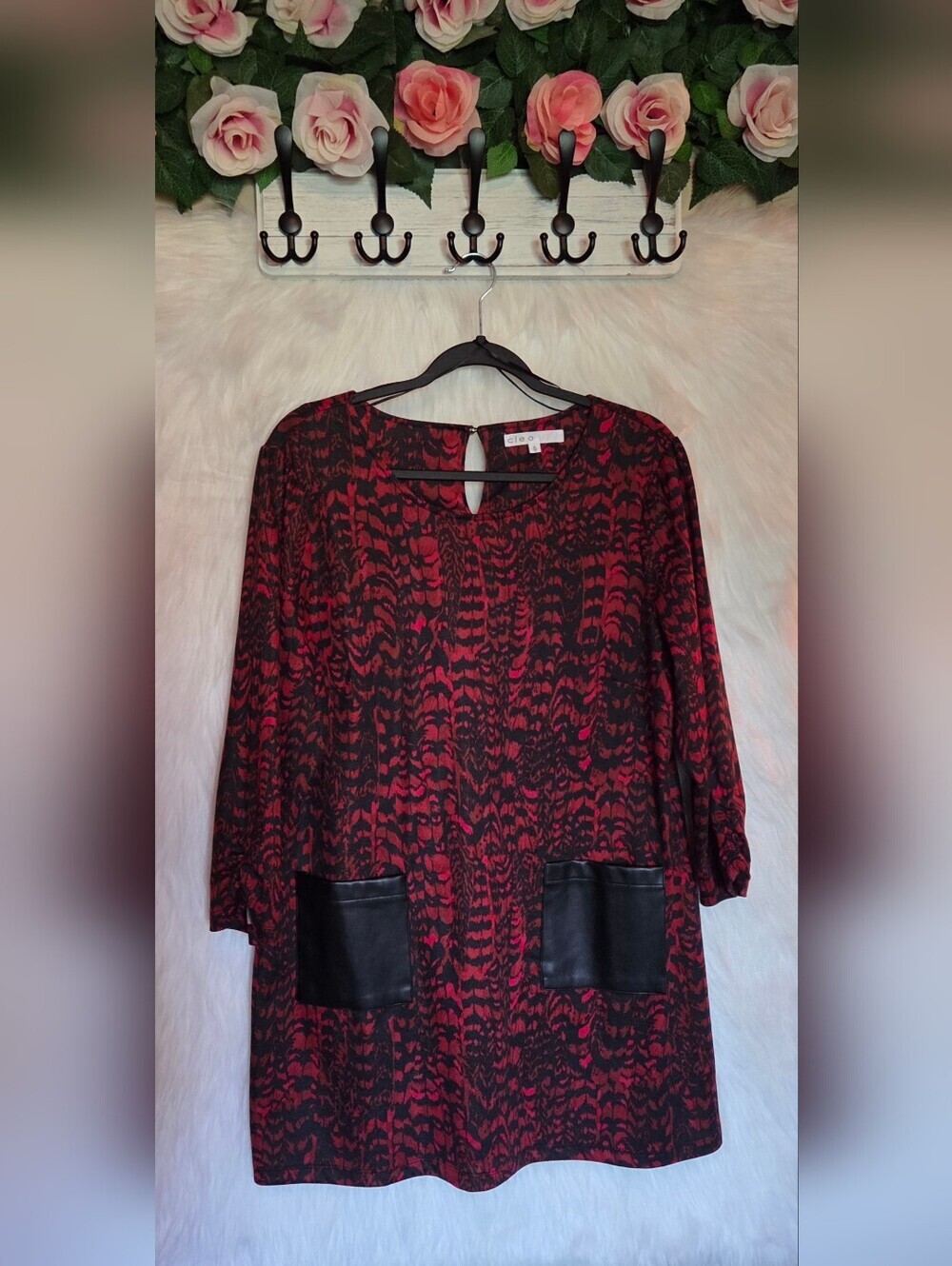 Cleo Red & Black Printed Tunic Dress W/ Faux Leather Pockets